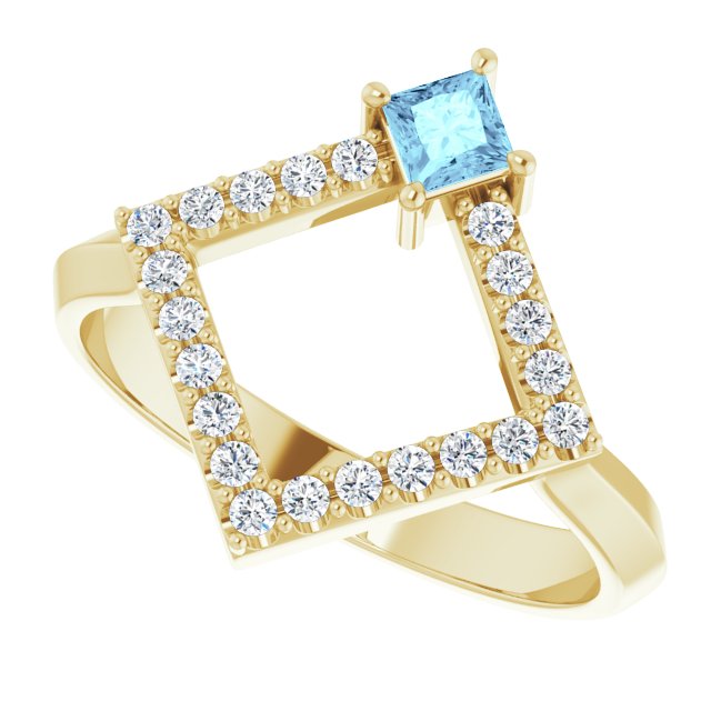 Square Aquamarine & Diamond Accented Ring in Yellow Gold