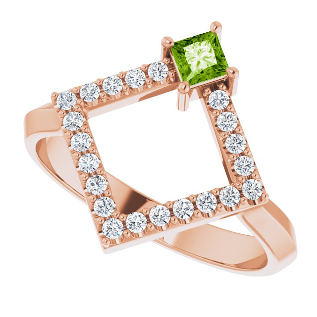 Square Peridot Accented Ring with Diamond Accents in Rose Gold