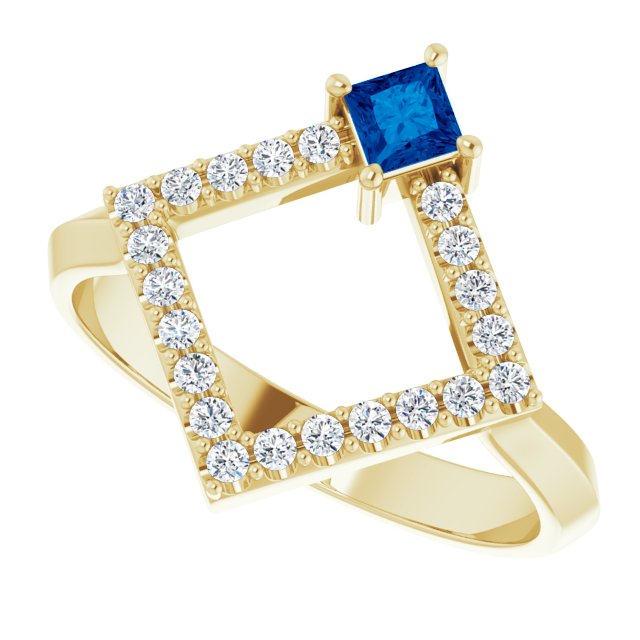 Square Blue Sapphire & Diamond Accented Ring in Yellow Gold