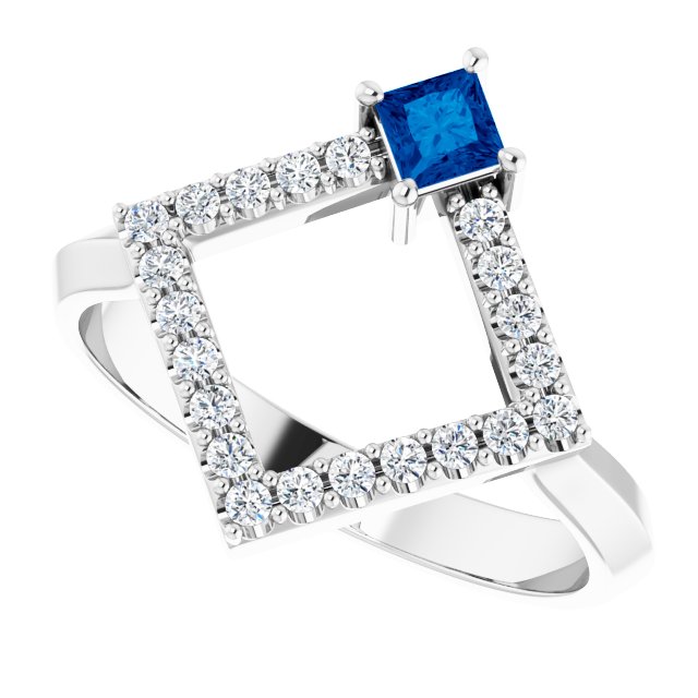 Square Blue Sapphire Accented Ring with Diamond Accents in Platinum