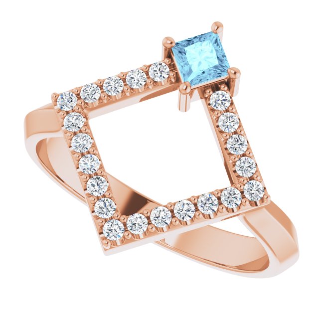 Square Aquamarine Accented Ring with Diamond Accents in Rose Gold