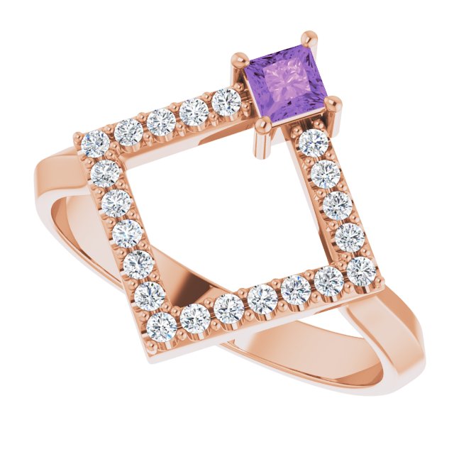 Square Amethyst Accented Ring with Diamond Accents in Rose Gold