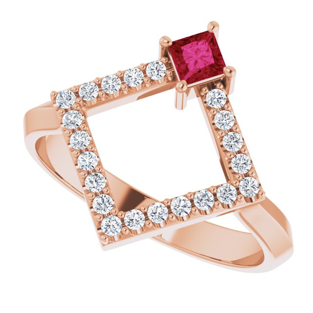 Square Ruby Accented Ring with Diamond Accents in Rose Gold