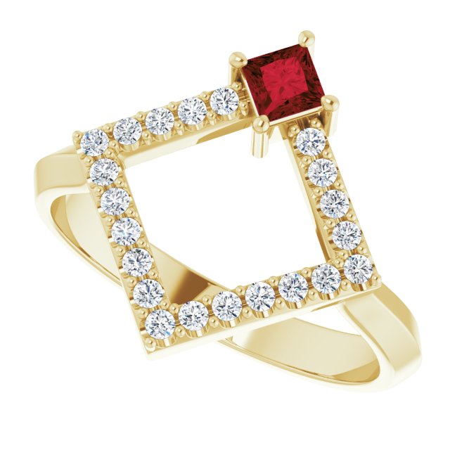 Square Mozambique Garnet & Diamond Accented Ring in Yellow Gold