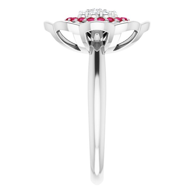 Round Ruby Halo Ring with Diamond Accents in Gold and Platinum
