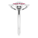 Round Ruby Halo Ring with Diamond Accents in Gold and Platinum