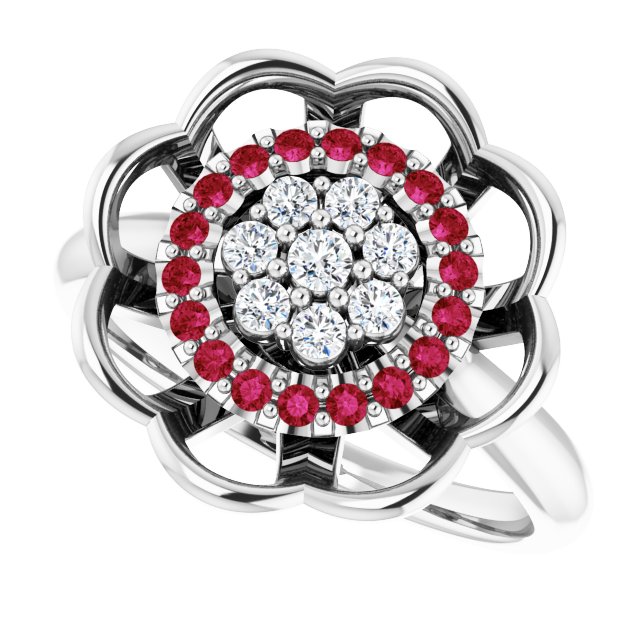 Round Ruby Halo Ring with Diamond Accents in Gold and Platinum
