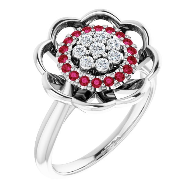 Round Ruby Halo Ring with Diamond Accents in Gold and Platinum