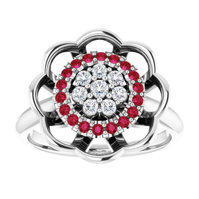 Round Ruby Halo Ring with Diamond Accents in Gold and Platinum