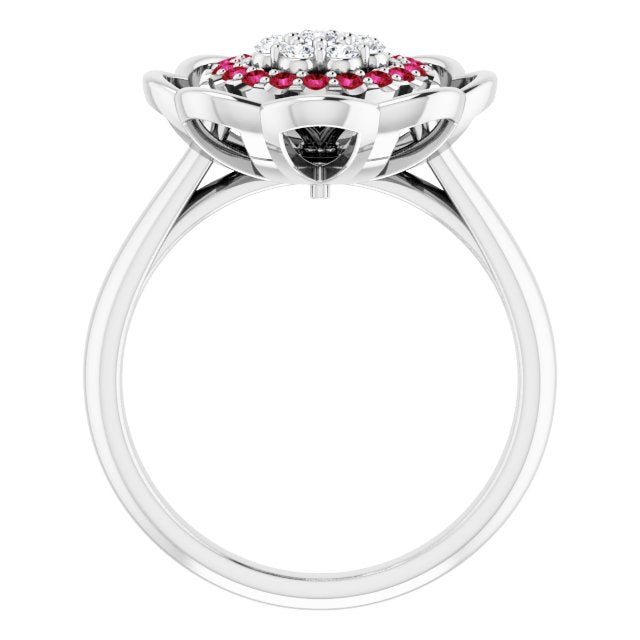 Round Ruby Halo Ring with Diamond Accents in Gold and Platinum