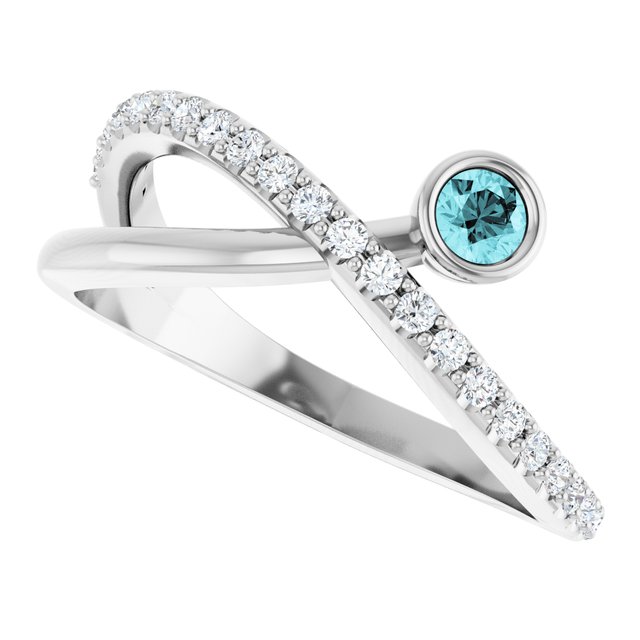 Round Blue Zircon Accented Ring with Diamond Accents in Platinum