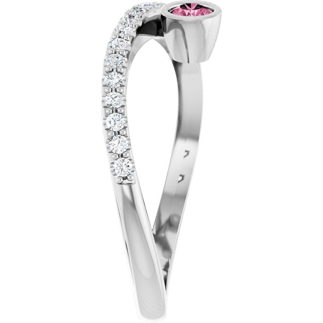 Round Pink Tourmaline Accented Ring with Diamond Accents in Platinum