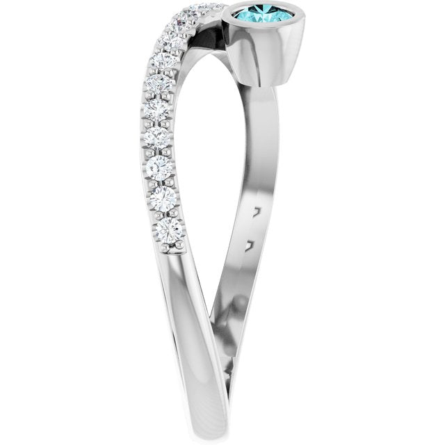 Round Blue Zircon Accented Ring with Diamond Accents in Platinum