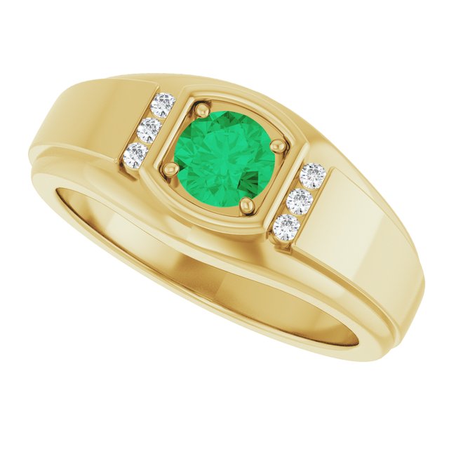 Round Emerald Mens Ring with Diamond Accents in Gold and Platinum