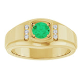 Round Emerald Mens Ring with Diamond Accents in Gold and Platinum
