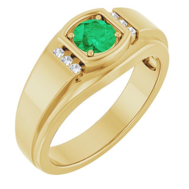 Round Emerald Mens Ring with Diamond Accents in Gold and Platinum