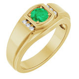 Round Emerald Mens Ring with Diamond Accents in Gold and Platinum