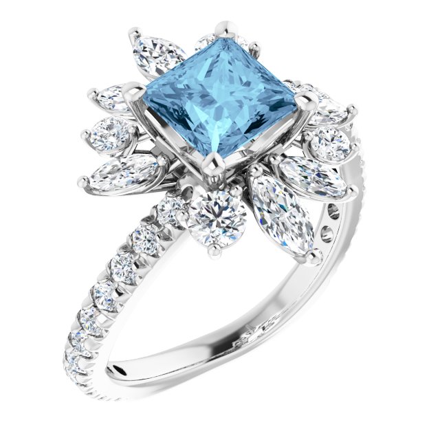 Square Aquamarine & Diamond Halo Ring in Gold and Platinum
