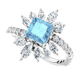 Square Aquamarine & Diamond Halo Ring in Gold and Platinum