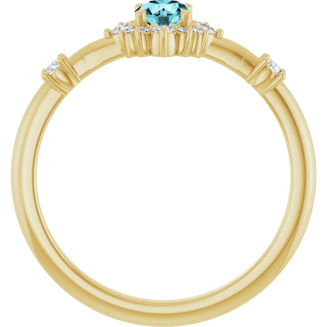 Round Blue Zircon Halo Ring with Diamond Accents in Yellow Gold