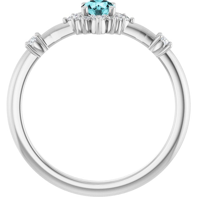 Round Blue Zircon Halo Ring with Diamond Accents in White Gold