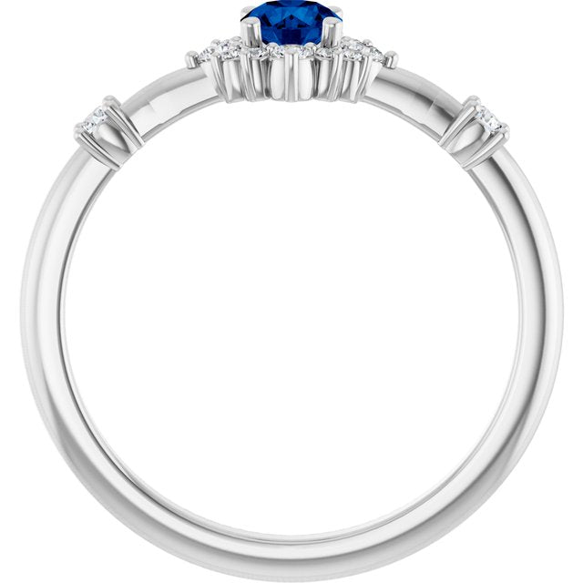 Round Blue Sapphire Halo Ring with Diamond Accents in Platinum