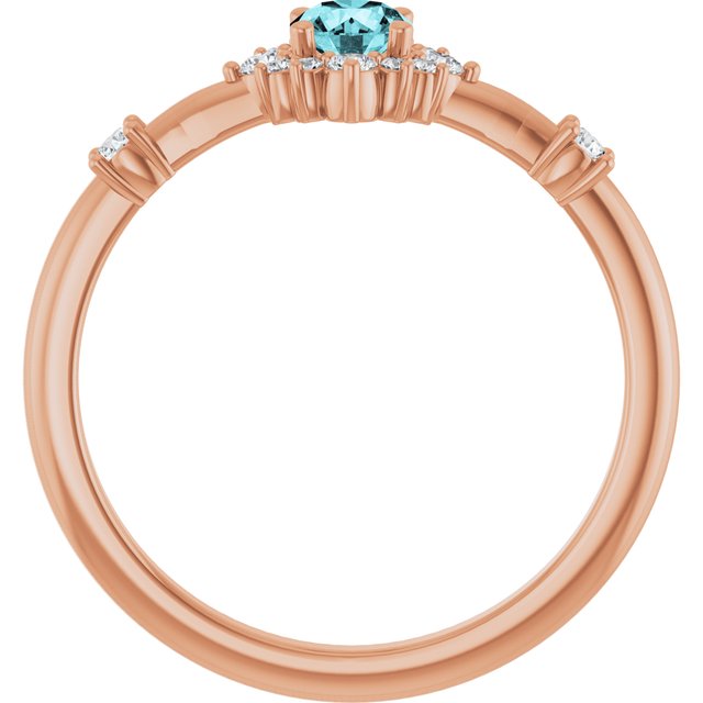 Round Blue Zircon Halo Ring with Diamond Accents in Rose Gold