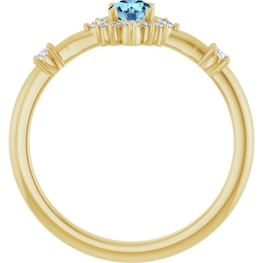 Round Aquamarine Halo Ring with Diamond Accents in Yellow Gold