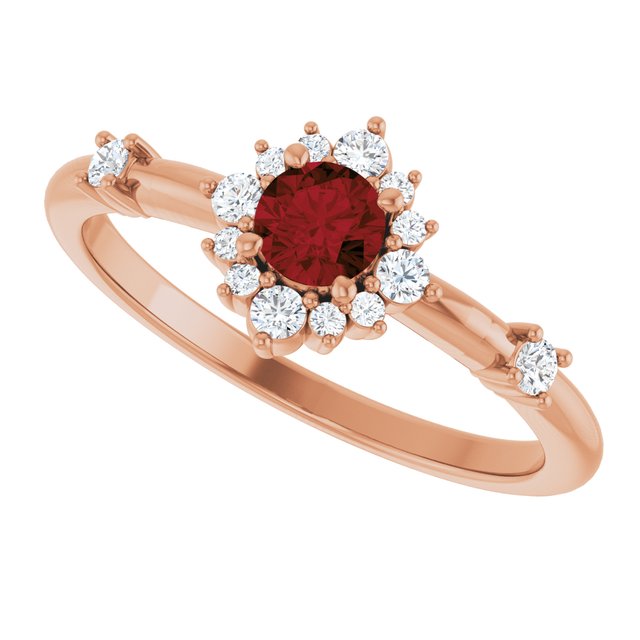 Round Mozambique Garnet & Diamond Halo Ring in Rose Gold