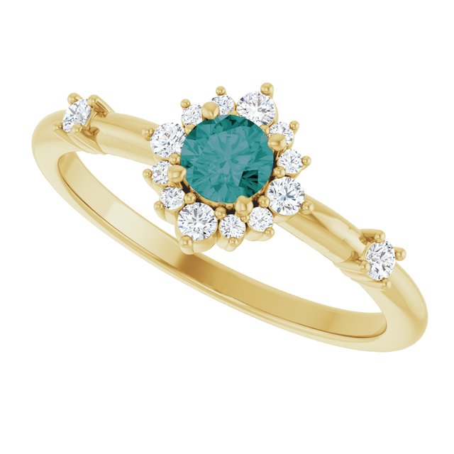 Round Lab-Grown Alexandrite & Diamond Halo Ring in Yellow Gold