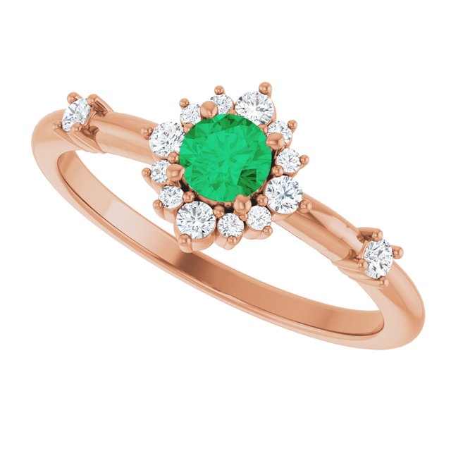 Round Emerald Halo Ring with Diamond Accents in Rose Gold