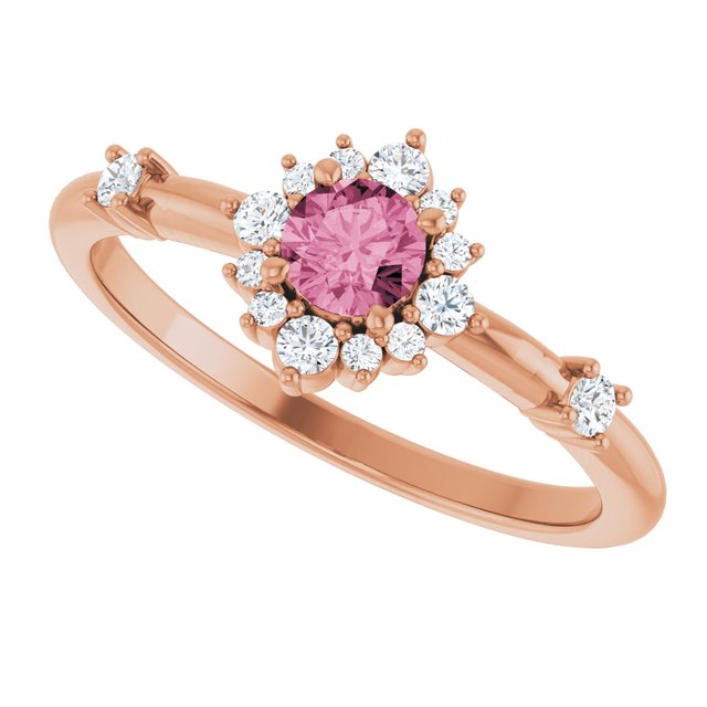 Round Pink Tourmaline Halo Ring with Diamond Accents in Rose Gold