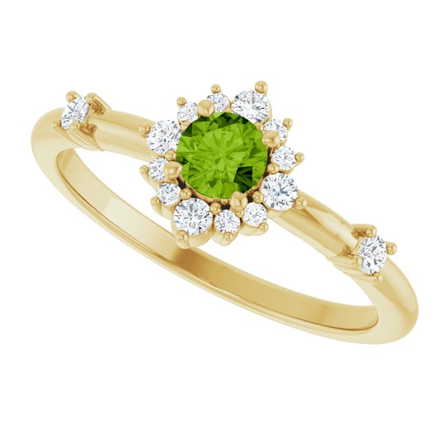 Round Peridot Halo Ring with Diamond Accents in Yellow Gold