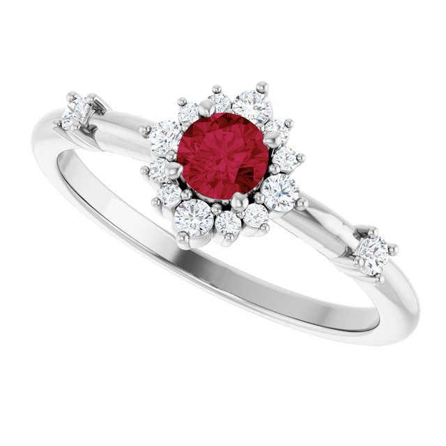 Round Lab-Grown Ruby Halo Ring with Diamond Accents in Platinum