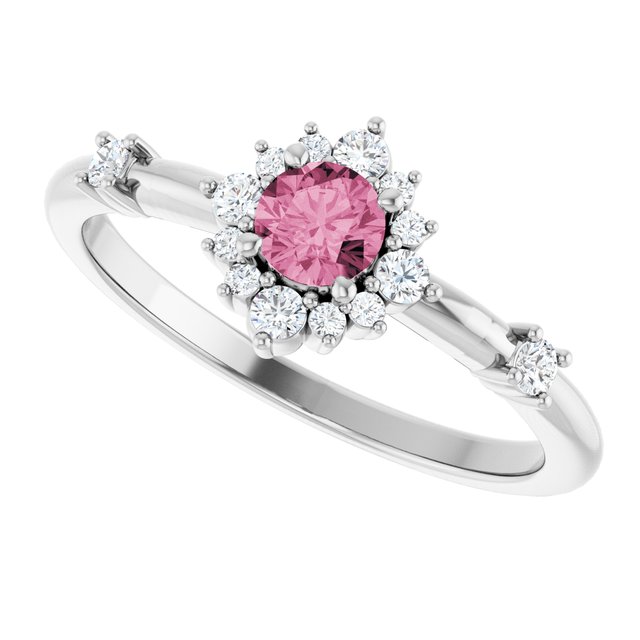 Round Pink Tourmaline Halo Ring with Diamond Accents in Platinum