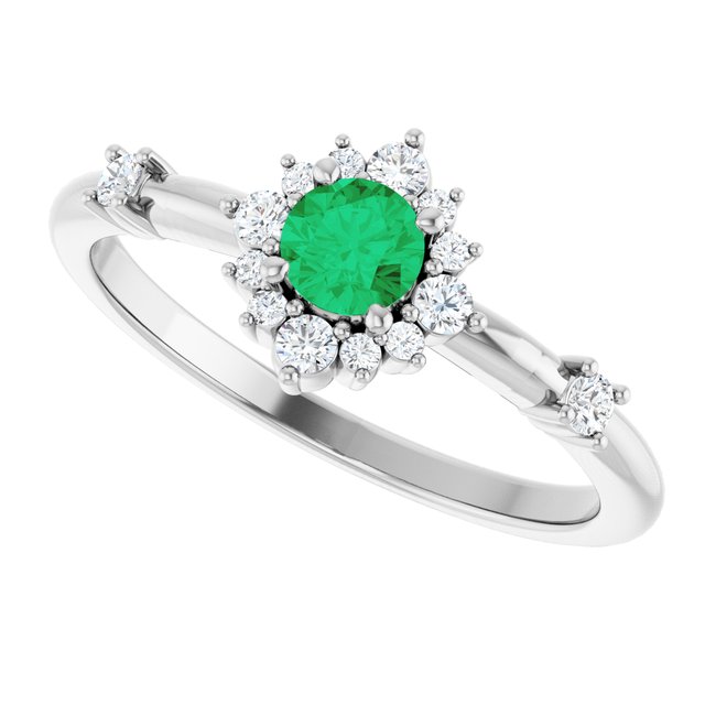 Round Emerald Halo Ring with Diamond Accents in White Gold