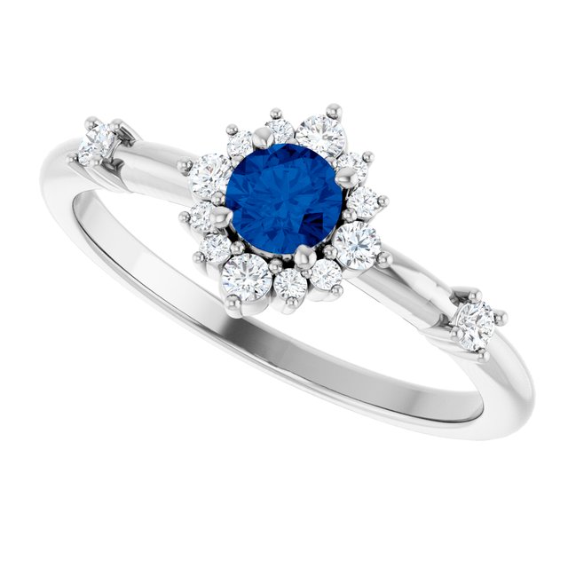 Round Blue Sapphire Halo Ring with Diamond Accents in Platinum