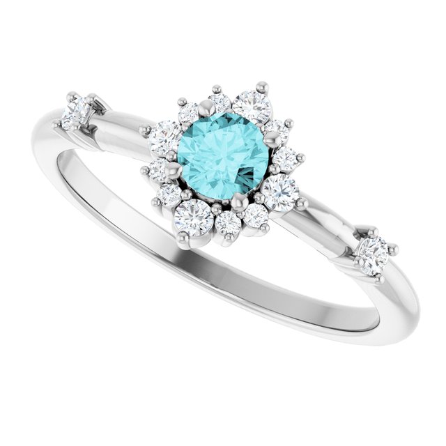 Round Blue Zircon Halo Ring with Diamond Accents in White Gold