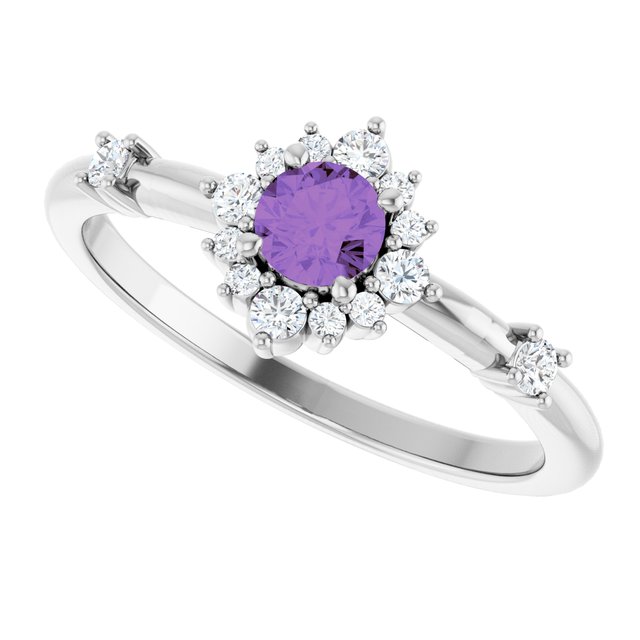 Round Amethyst Halo Ring with Diamond Accents in White Gold
