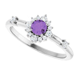 Round Amethyst Halo Ring with Diamond Accents in White Gold