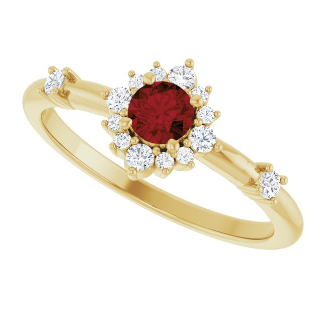 Round Mozambique Garnet & Diamond Halo Ring in Yellow Gold