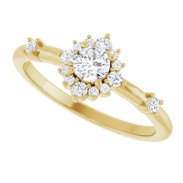 Round White Sapphire Halo Ring with Diamond Accents in Yellow Gold