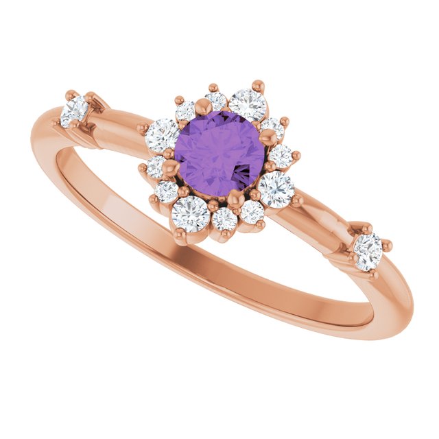 Round Amethyst Halo Ring with Diamond Accents in Rose Gold