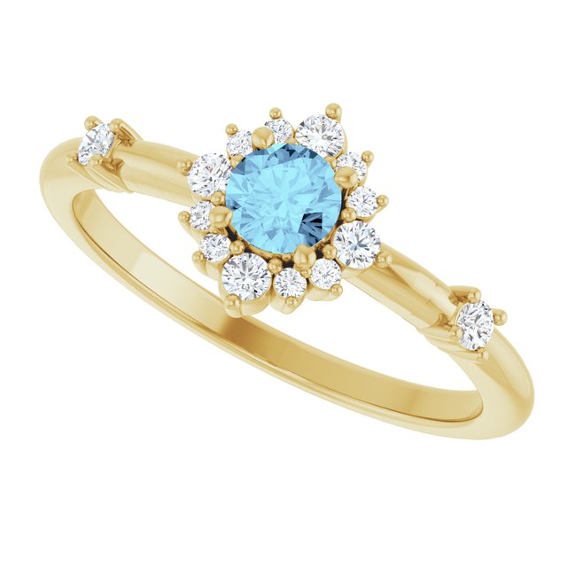 Round Aquamarine Halo Ring with Diamond Accents in Yellow Gold