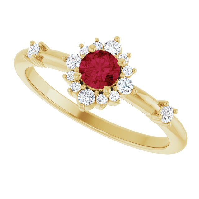 Round Lab-Grown Ruby Halo Ring with Diamond Accents in Yellow Gold