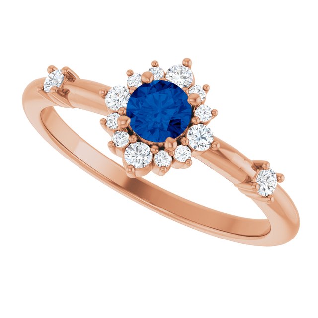 Round Blue Sapphire Halo Ring with Diamond Accents in Rose Gold