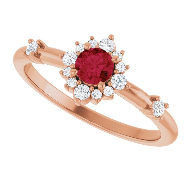 Round Ruby Halo Ring with Diamond Accents in Rose Gold