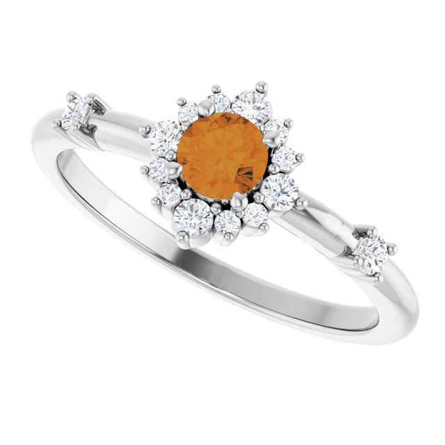 Round Citrine Halo Ring with Diamond Accents in Platinum