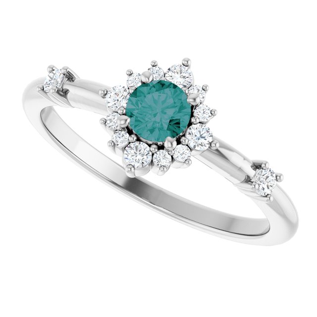 Round Lab-Grown Alexandrite Halo Ring with Diamond Accents in Platinum