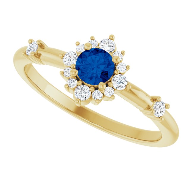 Round Lab-Grown Blue Sapphire & Diamond Halo Ring in Yellow Gold